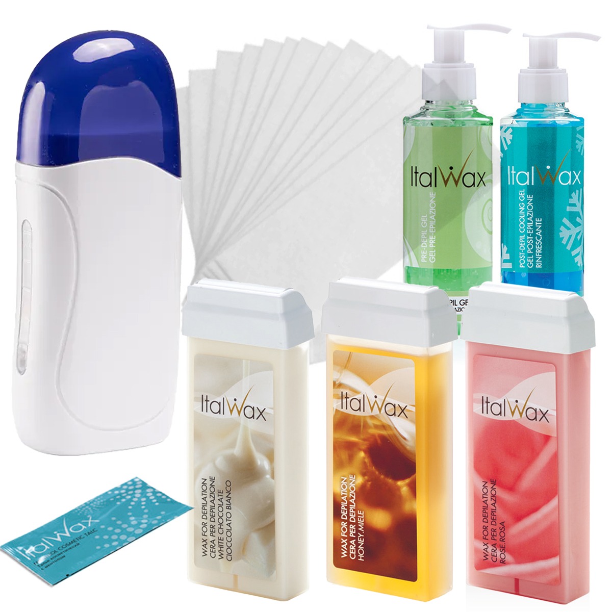 ItalWax sada na depiláciu 3× roll-on vosk + ohrievač + pásky – kompletná depilačná sada