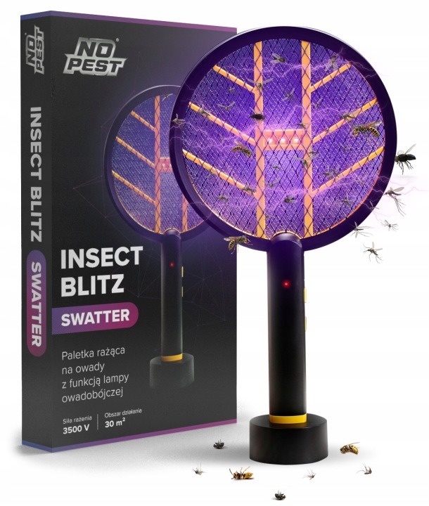 No Pest® Insect Blitz Swatter 2v1 – elektrická plácačka a UV lampa proti komárom, muchám a lietajúcemu hmyzu 3500 V