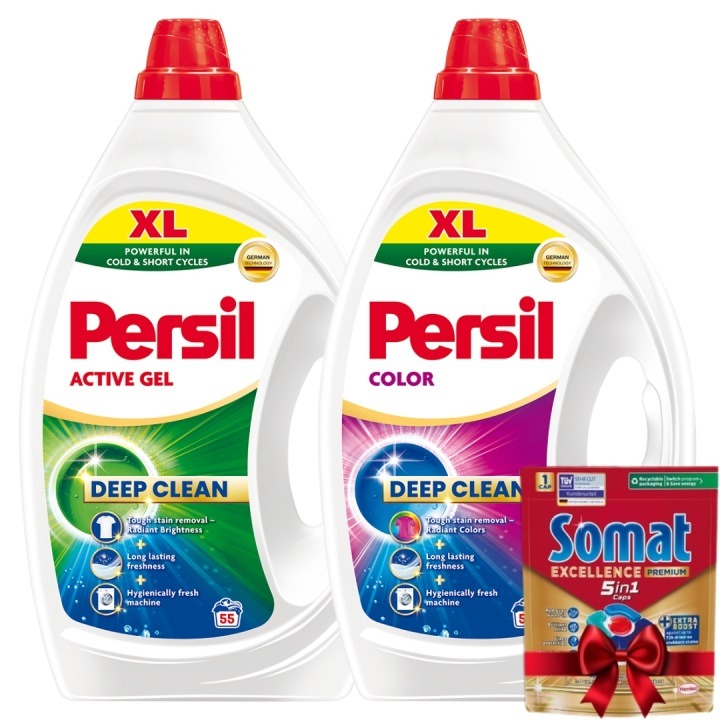 Persil Active prací gél na bielu a farebnú bielizeň 2×2,475 l, 55 praní + Tableta 5v1 zadarmo