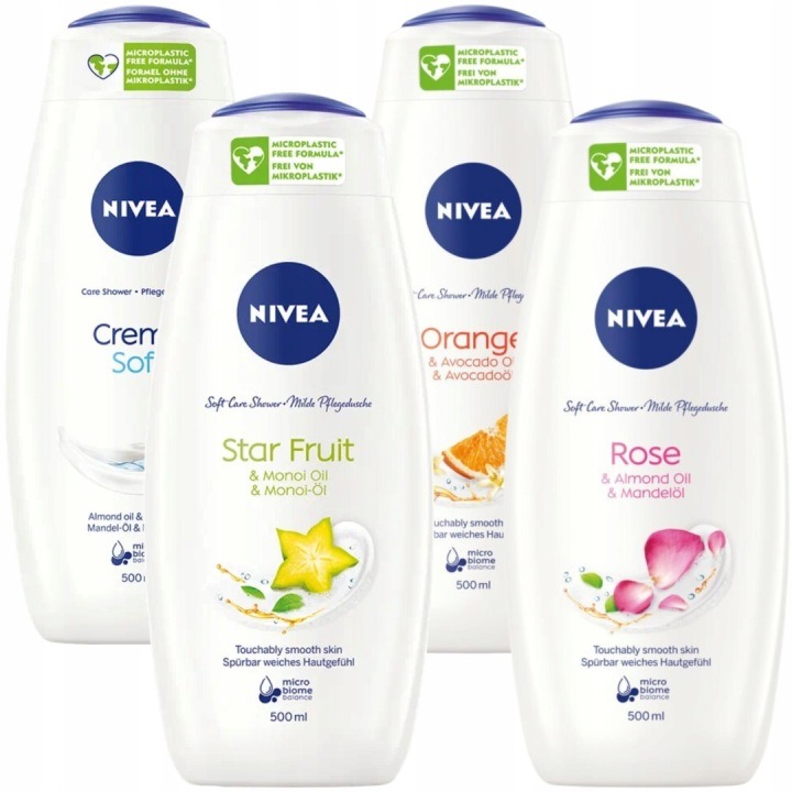 NIVEA dámske sprchové gély Mix 4 × 500 ml – Creme Soft, Rose & Almond Oil, Orange & Avocado Oil, Star Fruit & Monoi Oil