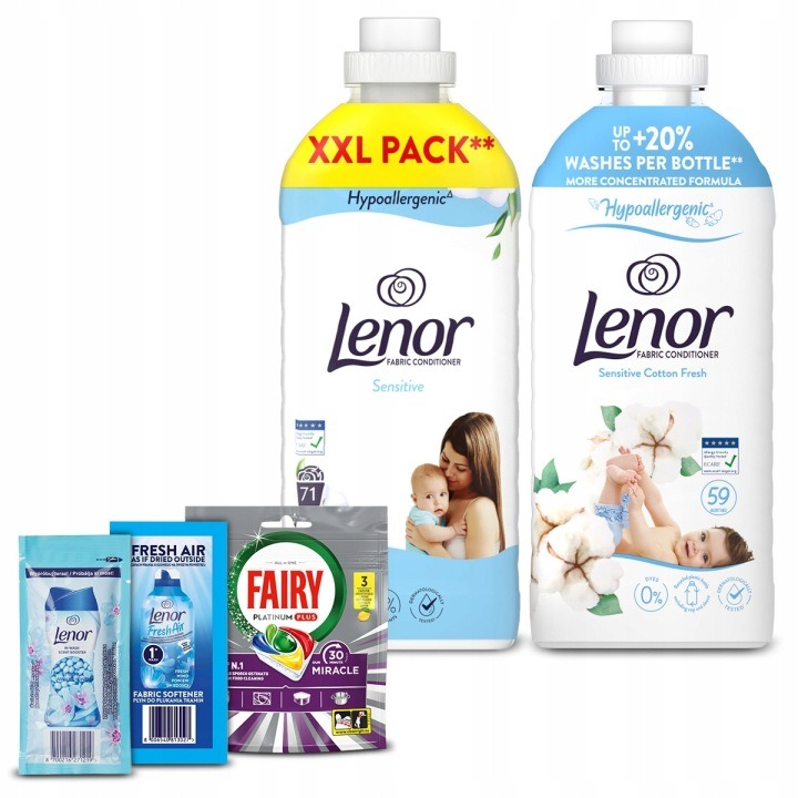 Lenor Sensitive hypoalergénna sada aviváží 130 praní – 2,74 l + vzorky Fairy a Lenor