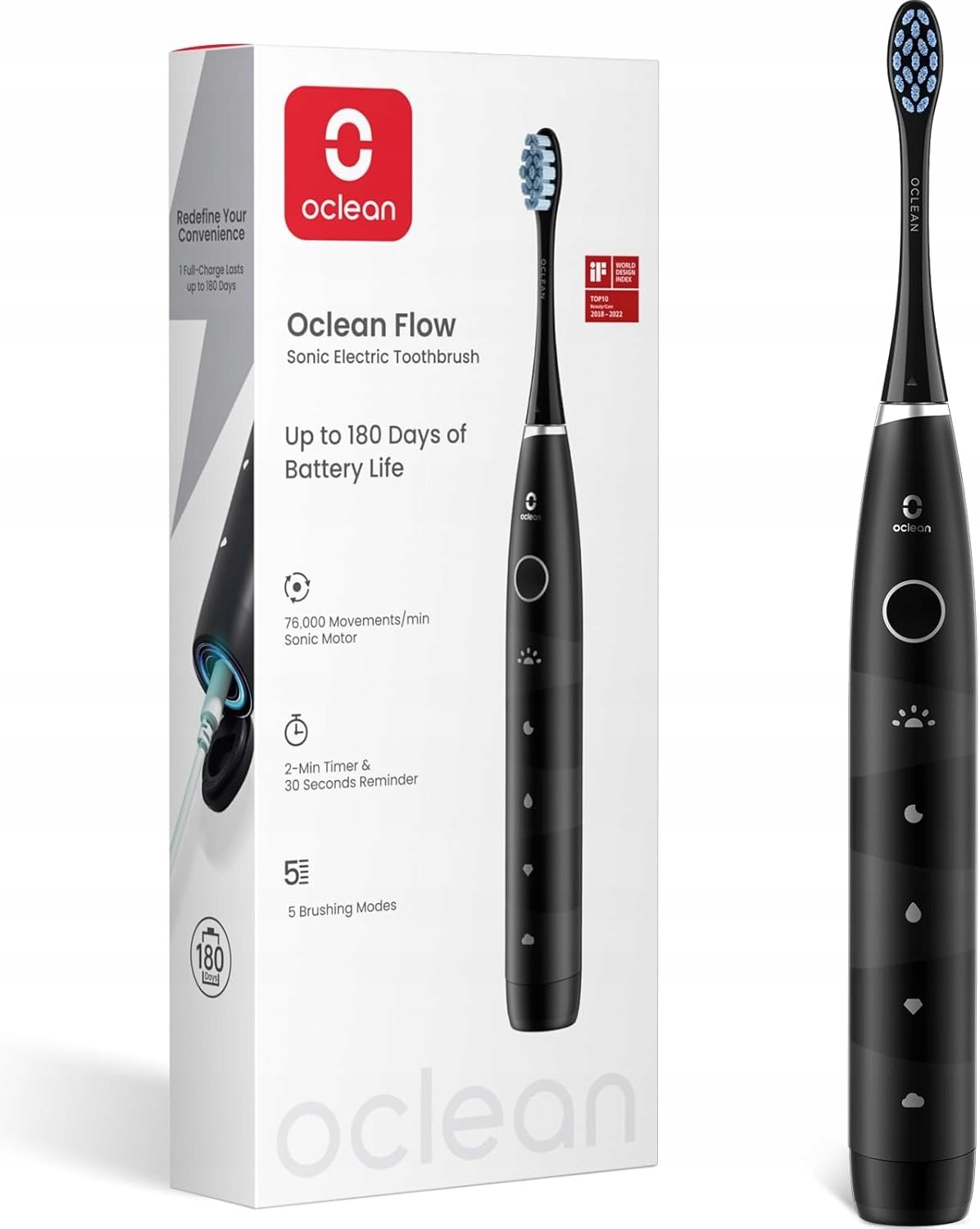 OCLEAN Flow sonická zubná kefka čierna, 180 dní výdrž batérie, 76 000 pohybov/min, IPX7