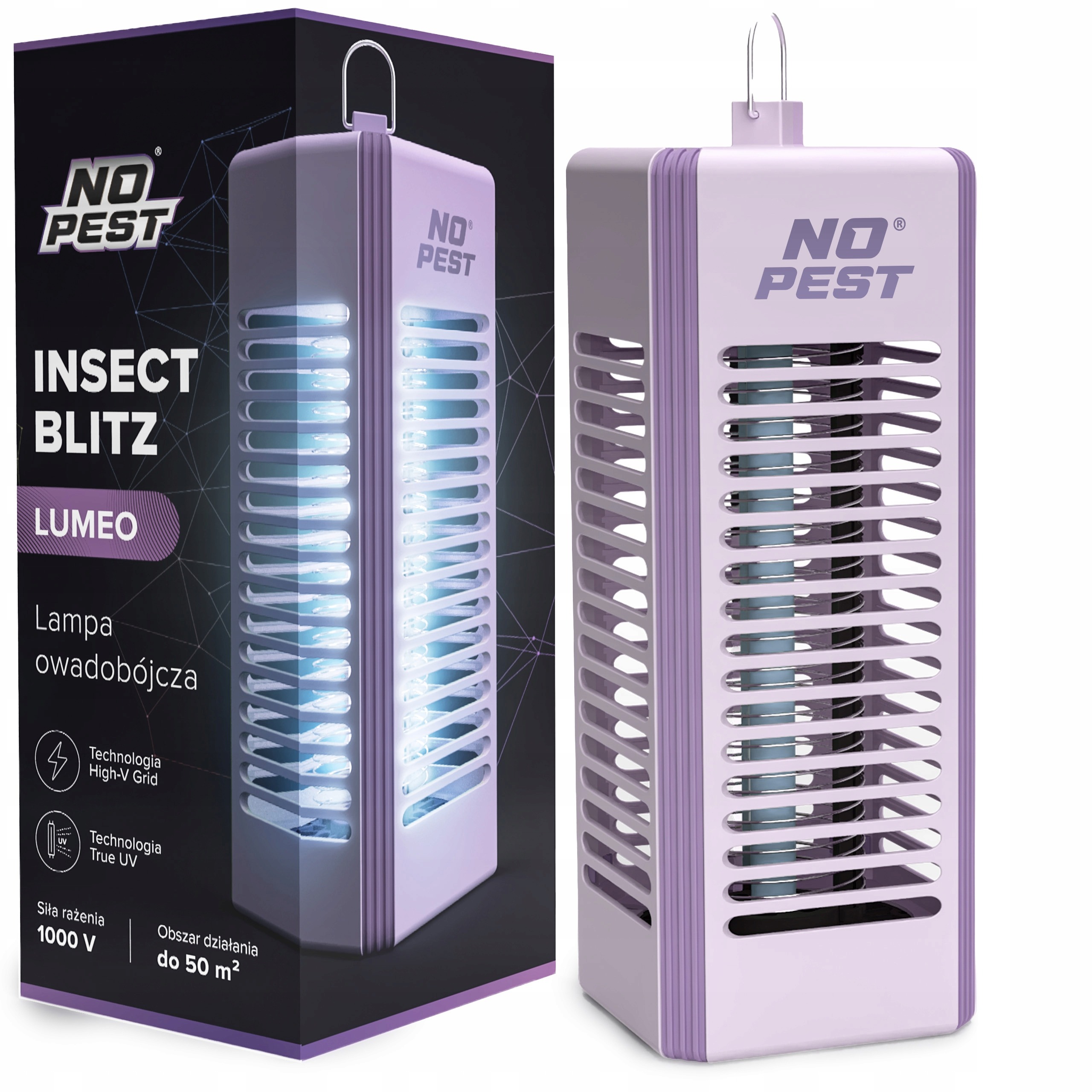 No Pest® Insect Blitz Lumeo UV lampa levanduľová 1000 V – elektrický lapač komárov, múch a lietajúceho hmyzu do 50 m²