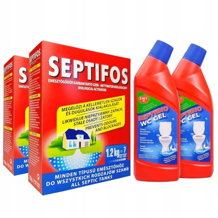 Dvojitá sada SEPTIFOS 2×1,2 kg + 2× SEPTIBIO WC gél 750 ml – biodegradátor a čistiaci gél