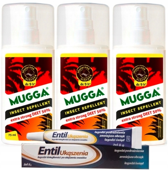 3× Mugga Deet sprej proti komárom a kliešťom 50% 75 ml + Entil gél na uhryznutie Entil uhryznutie 8 ml 8 g